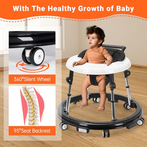 Baby Walker Foldable with 9 Adjustable Heights, Baby Walker with Wheels Portable, Infant Toddler Walker for Baby Boy Girls 6-18 Months