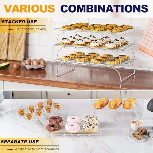 3 Tier Stackable Cooling Rack for Batch Cooling Cookie, Pizza, Cake-15.8”x 10”- Heavy Duty Cooling Racks for Cooking and Baking, Oven and Dishwasher Safe Baking Supplies-Silver