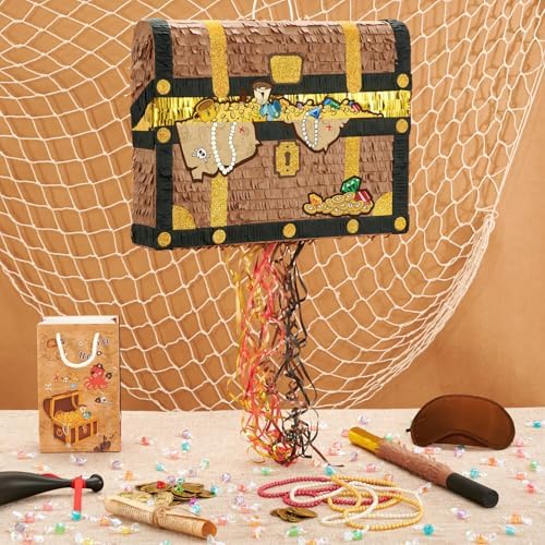 WERNNSAI Treasure Chest Piñata - Pull String Pirate Themed Piñata with Blindfold and Bat Adventure Birthday Party Decoration for Boys Kids Family Games Piñata Adventure Theme Party Supplies