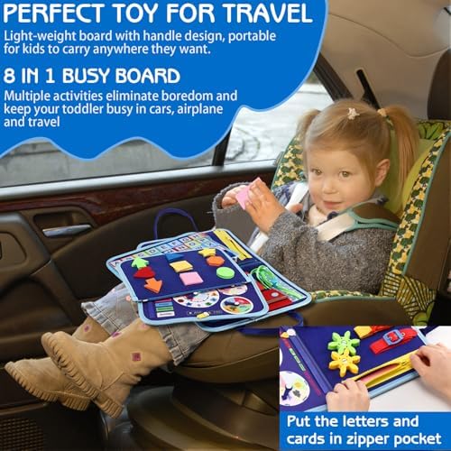 Esjay Toddler Busy Board Montessori Toys for Boys, Sensory Board Educational Activities for Learning Fine Motor Skills, Birthday Gifts for Boys Toddlers, Travel Toys for Airplane Car, Blue Dinosaur