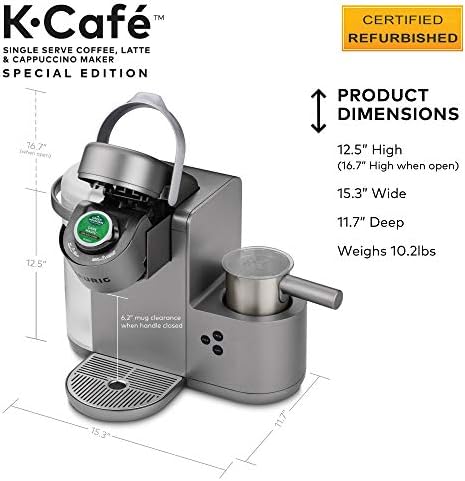 Keurig K-Cafe Special Edition Coffee Maker, Single Serve K-Cup Pod Coffee, Latte and Cappuccino Maker, Comes with Dishwasher Safe Milk Frother, Coffee Shot Capability, Nickel (Renewed)