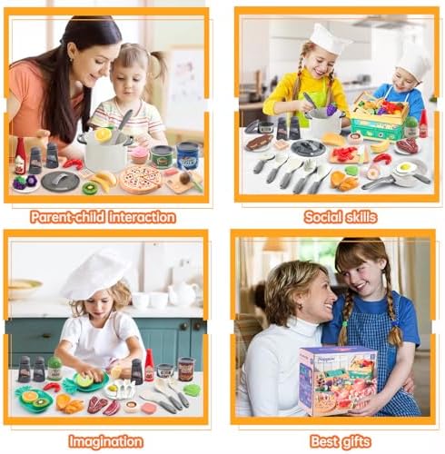 80Pcs Kitchen Playset, Toddler Pretend Cooking with Pots, Pans, Cookware, Food, Picnic Blanket, Fruits, Veges, Shopping Storage Basket, Dessert, Learning Gift for Girls Boys (White)