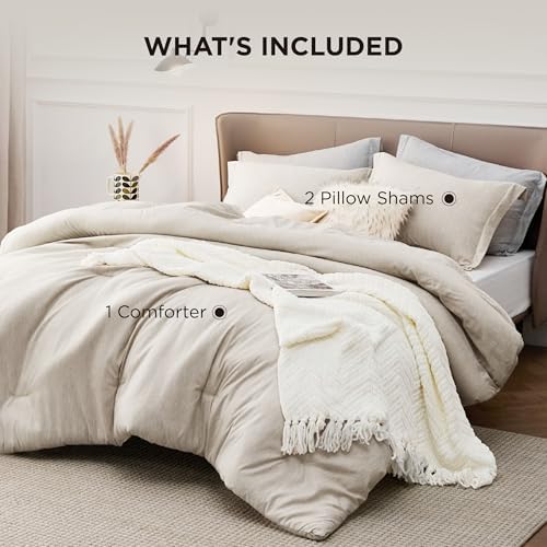 Bedsure Queen Comforter Set - Beige Comforter Queen Size, Soft Bedding for All Seasons, Cationic Dyed Bedding Set, 3 Pieces, 1 Comforter (90"x90") and 2 Pillow Shams (20"x26"+2")