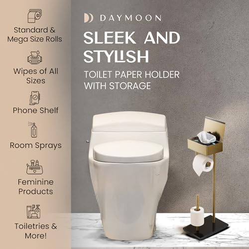 Day Moon™ Gold Toilet Paper Holder Free Standing Toilet Paper Holder with Storage - Toilet Paper Stand and Tissue Holder for Bathroom - Toilet Paper Holder with Shelf and Wipe Holder