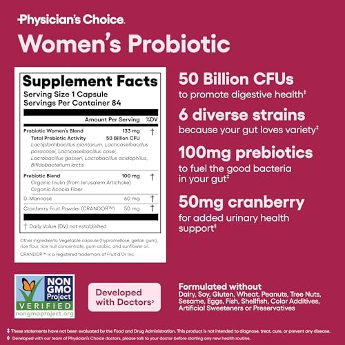 Physician's Choice Probiotics for Women - PH Balance, Digestive, UT, & Feminine Health - 50 Billion CFU - 6 Unique Strains for Women - Organic Prebiotics, Cranberry Extract+ - Womens Probiotic - 84 CT