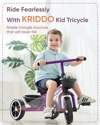 KRIDDO Kids Tricycles Age 24 Month to 4 Years, Toddler Kids Trike for 2.5 to 5 Year Old, Gift Toddler Tricycles for 2-4 Year Olds, Trikes for Toddlers, Purple