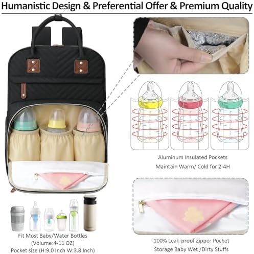 Diaper Bag Backpack for Women Large Capacity with Insulated Pockets Multifunctional Diaper Bags For Baby Girl Boy Waterproof Baby Bags For Mama Maternity Travel Bag Black