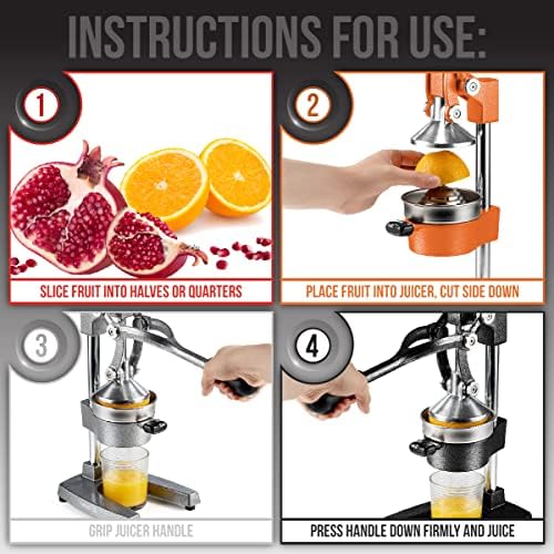 Eurolux Cast Iron Citrus Juicer | Extra-Large Commercial Grade Manual Hand Press | Heavy Duty Countertop Squeezer for Fresh Orange Juice (Bonus Stainless Steel Cup) (Red)