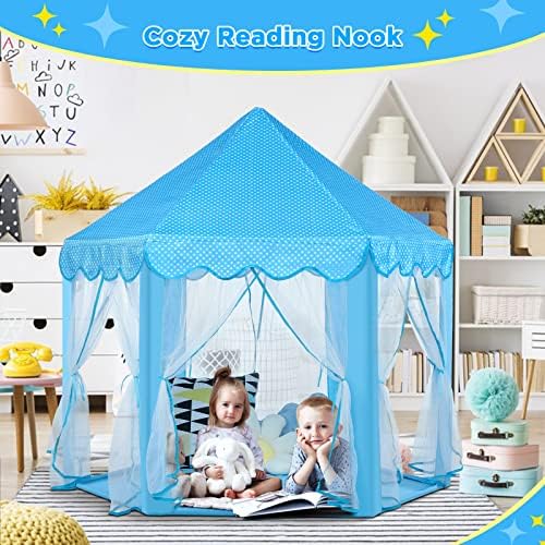Monobeach Princess Tent Girls Large Playhouse Kids Castle Play Tent with Star Lights Toy for Children Indoor and Outdoor Games, 55'' x 53'' (DxH) (Blue Prinecss Tent with Little Star Lights)
