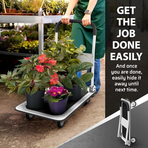 Heavy Duty Foldable Push Cart Dolly | 330 lbs. Capacity | Upgraded Collapsible Hand Truck Platform with Swivel Wheels | Flat Bed Moving Wagon | Space Saving Push Handle (White)