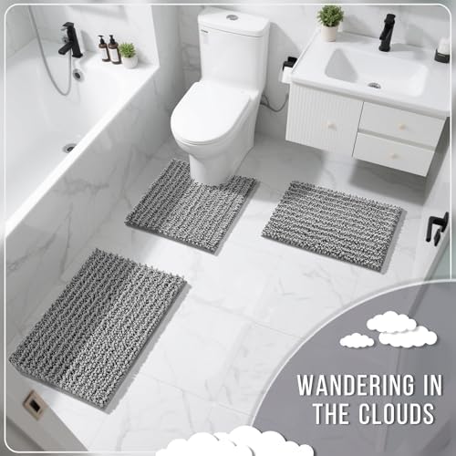 Yimobra Bathroom Rugs Non Slip Washable 32x20 Inch - Ultra Soft Absorbent Chenille Bath Mat, Quick Dry Shaggy Floor Carpet for Tub Shower, Gray Home Decor Accessories