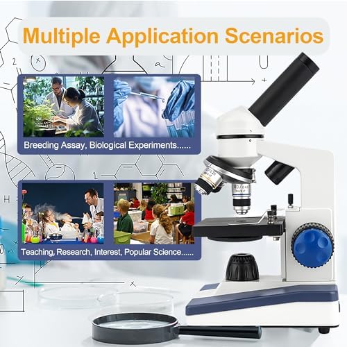 Microscope for Adults Kids Students, Compound Monocular Microscope 40X-2000X, Dual LED Illumination, Slides Set with Specimens, Phone Holder Adapter, School & Home Education