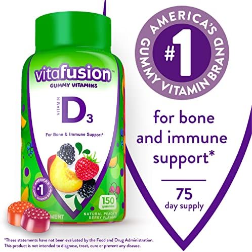 Vitafusion Fiber Well Sugar Free Fiber Supplement & Vitamin D3 Gummy Vitamins for Bone and Immune System Support, Peach, Blackberry and Strawberry Flavored, 50 mcg Vitamin D, 75 Day Supply, 150 Count