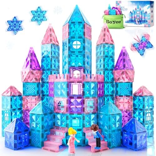 Magnetic Tiles 102pcs with 2 Stairs 2 Dolls Princess Castle Building Girls Toys Age 4-5 6-8 Magnetic Blocks Birthday Xmas Gifts for Girls Toys for 3 4 5 6 7 8+ Year Old