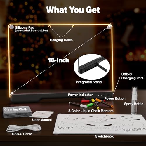 16-Inch Rechargeable Doodle Glow LED Note Board, 7-Color Light Modes, Neon Art Dry Erase Light Up Drawing Pad with Built-in Stand, Sketching Gift Toy for Kids/Girls/Teens, 5 Markers & Tracing Book