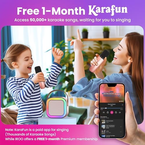 IROO Mini Karaoke Machine for Kids, 2025 TOP Toys Birthday Gifts Ideas for Girls Ages 4, 5, 6, 7, 8, 9, 10, 12+ Years Old, Portable MP3 Player with 2 Wireless Mics for Party