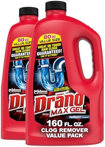 Drano Max Gel Drain Clog Remover and Cleaner for Shower or Sink Drains, Unclogs and Removes Hair, Soap Scum and Blockages, 80 Oz, Pack of 2