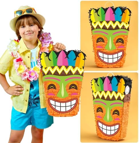 WERNNSAI Tiki Piñata -Tropical Hawaii Piñata with Blindfold and Bat for Girls Boys Kids Piñata Hawaiian Luau Themed Party Decorations for Summer Birthday Party Supplies Carnivals Festivals Celebration