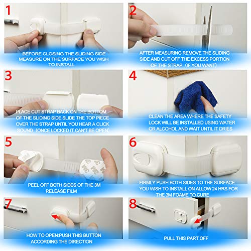 Goodv Child Safety Cabinet Locks - (10 Pack) Baby Proofing Latches to Drawer Door Fridge Oven Toilet Seat Kitchen Cupboard Appliance Trash Can with 3M Adhesive - Adjustable Strap No Drill No Tool
