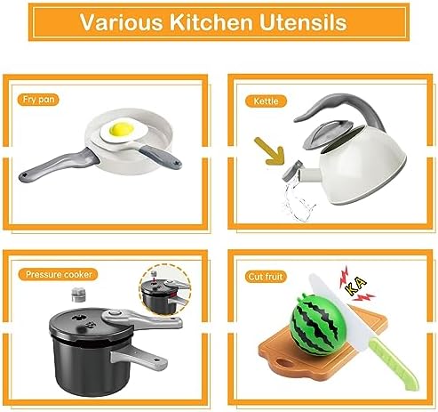 130Pcs Kitchen Playset, Toddler Pretend Cooking Play Pots, Pans, Utensils Cookware, Daily Food Fruit Veges, Shopping Storage Basket, Dessert, Prop Money, Learning Gift for Child (White)