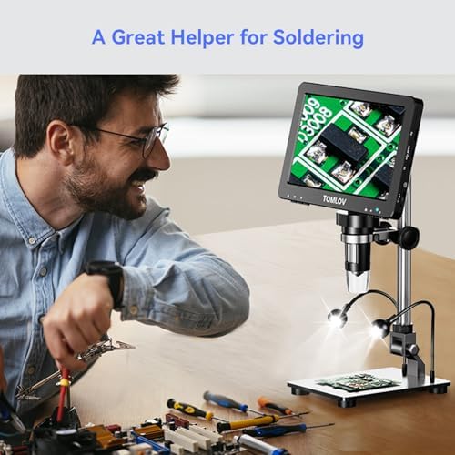 TOMLOV DM9 Pro Digital Microscope: 16MP 7" 1200X HD IPS HDMI Coin Microscope Magnifier for Full Coin View with Screen, 1080P LCD Soldering Microscopes for Adults with 10 LED Lights, PC/TV View, 32GB
