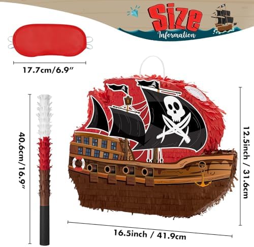 WERNNSAI Pirate Piñata - Pirate Ship Piñata with Blindfold and Bat for Boys Kids Caribbean Pirate Piñata Birthday Party Favors Decorations Family Games Pirate Party Supplies 16.4” x 12.4”