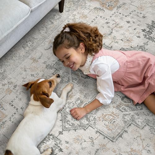 GENIMO 5X7 Area Rugs for Living Room, Machine Washable Non Slip Vintage Rugs, Low Pile Lightweight Chenille Print Rug for Bedroom, Dining Room, Home Office, Light Taupe Brown