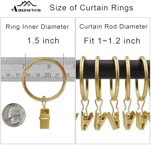 40 Pack Metal Curtain Rings with Clips, Drapery Clips Hooks, Decorative Curtain Rod Clips 1.5 in Interior Diameter, Gold