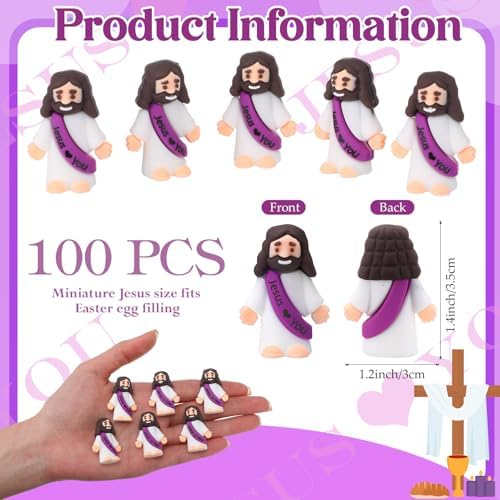 Bememo 100 Pcs Little Jesus Figures Jesus Loves You Original Design Rubber Pocket Toys Little Figures to Hide and Seek Sunday School Religious Party Share Gifts(Purple)