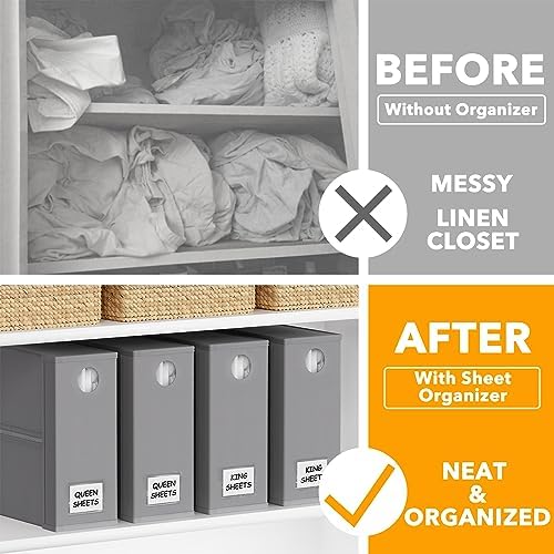 SpaceAid 4 Pack Bed Sheet Organizers and Storage, Foldable Sheet Organizer for Linen Closet, Sheets Set Folder Keeper with Window XL (Queen & King Size) Organizing Bedding Container, Gray