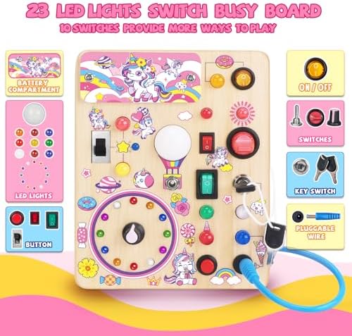 Unicorn Busy Board, Montessori Wooden Toddler Toys, Sensory Travel Toys, Ideal Gift for 1+ Year Old Girls (Unicorn Busy Board Plus V2)