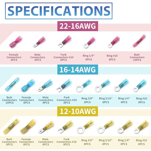 180Pcs Heat Shrink Wire Connectors Kit - Waterproof Marine Automotive Battery Electrical Crimp Terminals Set, Ring Fork Spade Butt Splices
