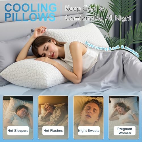 QUTOOL Cooling Pillows for Sleeping 2 Pack, Shredded Memory Foam Bed Pillows Queen Size Set of 2, Cool Gel Pillow for Hot Sleepers Adjustable Firm Pillow for Side, Back and Stomach Sleepers Supportive