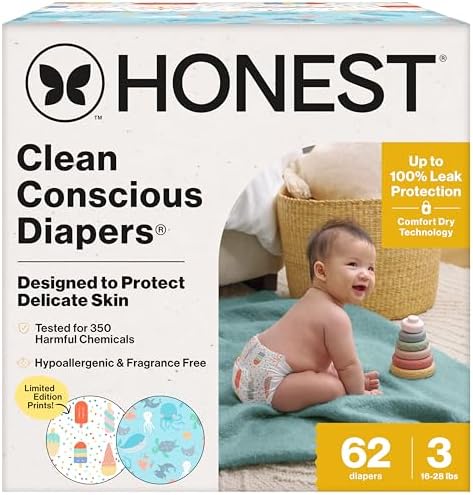 The Honest Company Clean Conscious Diapers for Delicate Skin | Up to 100% Leakproof | Hypoallergenic, Fragrance Free | Summer '25 Limited Edition Prints | Club Box, Size 3 (16-28 lbs), 62 Count