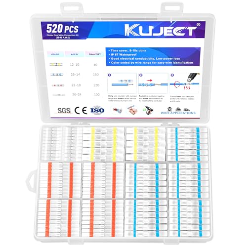 Kuject 520PCS Solder Seal Wire Connector Kit, Solder Seal Butt Terminal Waterproof Insulated Electrical Wire Splice for Automotive Marine Boat