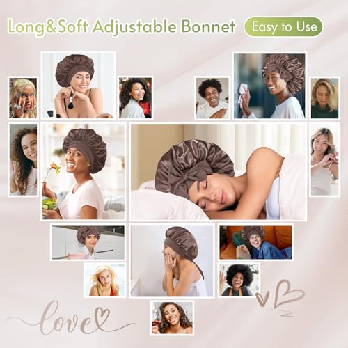 BONNET QUEEN 2Pcs Pack Silk Bonnet for Sleeping Satin Bonnet Hair Bonnet with Tie Band Sleep Bonnet Men Bonnet for Women Curly Hair Brown Champagne