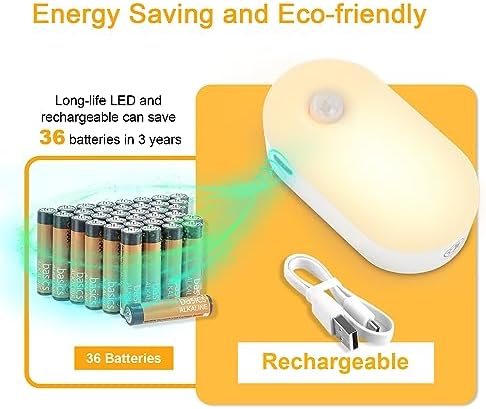 Lyridz Rechargeable Battery Night Light with Motion Sensor, Portable Mini Warm White LED Stick-on Closet Light, Adjustable Brightness for Bathroom, Bedroom, Kitchen, Cabinet, Stairs, Hallway, 2-Pack