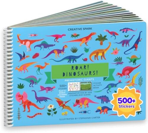 Cupkin Dinosaur Sticker Book Activity for Kids, Toddler Airplane Travel Essentials, 500+ Dino Stickers for Kids + 12 Scenes + 12 Coloring Book Pages, Dinosaur Lover Gift, Crafts Ages 2-8