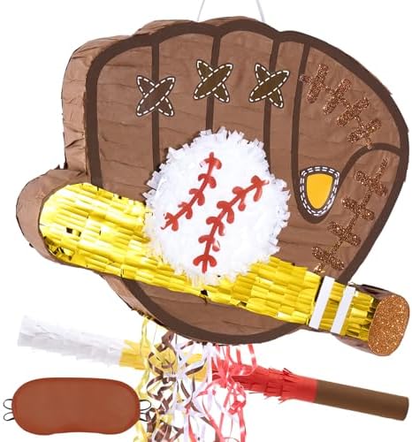 WERNNSAI Baseball Piñata - Baseball Piñata Bundle with Blindfold and Bat Sports Birthday Party Decorations for Boys Kids Pull String Baseball Gloves Piñata Family Games Baseball Party Supplies