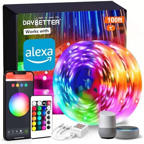 DAYBETTER Smart WiFi Led Lights 100ft, Tuya App Controlled Led Strip Lights, Work with Alexa and Google Assistant, Timer Schedule, Color Changing Led Lights for Bedroom Party Kitchen