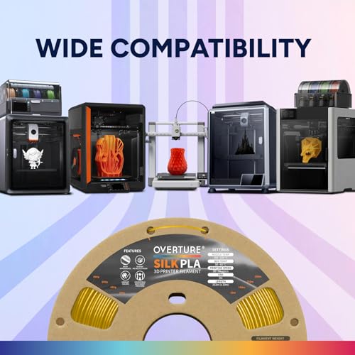 OVERTURE Silk Filament PLA 1.75mm Clog-Free Shiny 3D Printer Filament, 1kg Spool (2.2lbs), Dimensional Accuracy +/- 0.02 mm, Fit Most FDM Printer(Silk Gold)