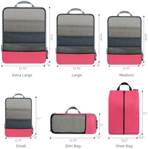 BAGAIL 4 Set/6 Set/8 Set Compression Packing Cubes Travel Accessories Expandable Packing Organizers (Half Mesh, 6-Coral)