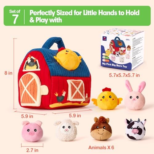 hahaland Baby Toys 6-12 Months - Surprise Barn with Stuffed Farm Animals, Rattle, Crinkle Paper, Mirror - Montessori Toys for 6 Month Old Babies, Sensory Balls Toddlers 1-3, 1 Year Old Boy Girl Gifts