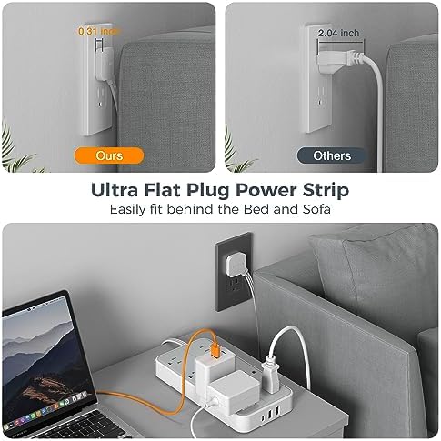 Power Strip Surge Protector, TESSAN Flat Plug Extension Cord with 8 Outlets 3 USB Charger(1 USB C), 1080 Joules Protection, Wall Mountable Charging Station for Home Office School Dorm Room Essentials