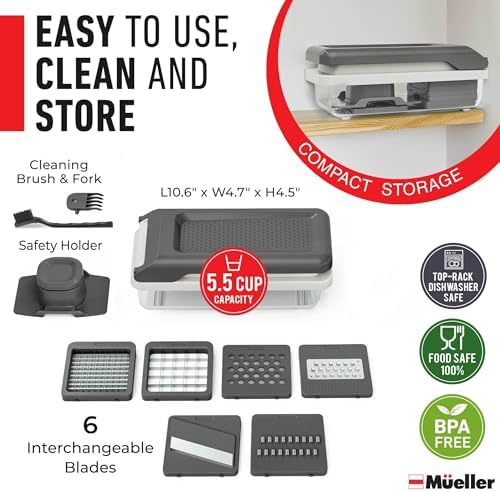 Mueller Vegetable Chopper Mandoline Slicer, Food Veggie Chopper, Cheese Grater, Onion Vegetable Cutter with Container, Dicer, Kitchen Gadgets & Essentials, White Sand/Grey