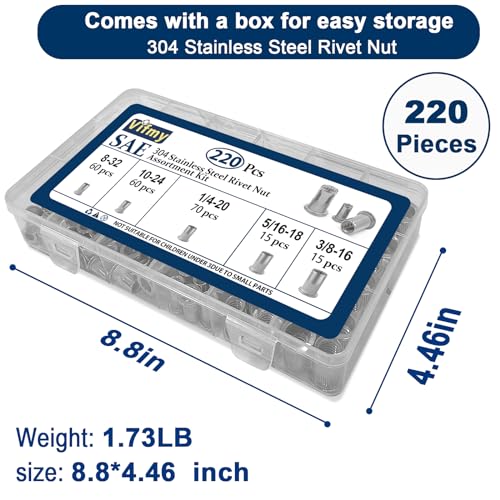 SAE Rivet Nut Assortment Kit(220 Pcs),#8-32#10-24 1/4"-20 5/16"-18 3/8"-16 304 Stainless Steel Flat Head Rivnut Set,Rivnut Threaded Insert Nut