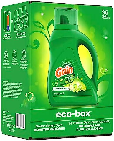 Gain Laundry Detergent Liquid Soap Eco-Box, Ultra Concentrated High Efficiency (HE), Original Scent, 96 Loads
