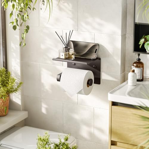 Tindbea Toilet Paper Holder with Phone Shelf, Adhesive or Screw Wall Mount Toilet Tissue Roll Holder, Rustproof & Multifunctional Stainless Steel Bathroom Storage Dispenser (Bronze)