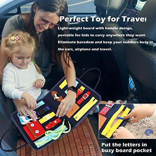 Esjay Toddler Busy Board, Sensory Board for Fine Motor Skill, Montessori Toys Educational Learning Toddler Activities for 3+ Year Old, Travel Car Airplane Toys Gifts for Boys Girls,Blue Alphabet