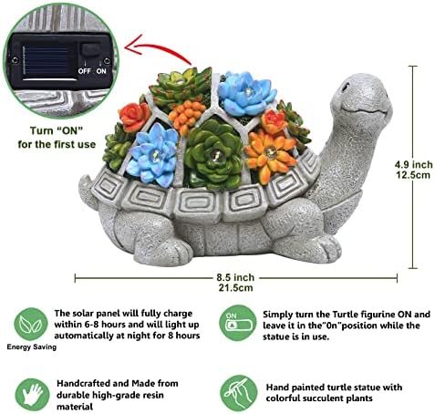Nacome Solar Garden Outdoor Statues Turtle with Succulent and 7 LED Lights - Lawn Decor Tortoise Statue for Patio, Balcony, Yard Ornament - Unique Housewarming Gifts